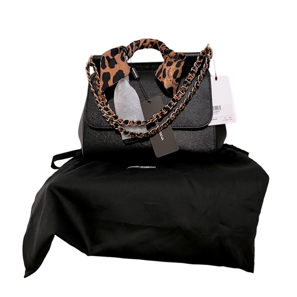 Dolce & Cabbana Sicily Leather Black Medium Silk Scarf Bag - Gold Chain Straps